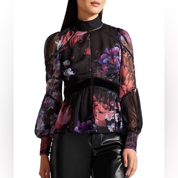 Ted Baker Tops - Ted Baker Black Sheer Floral Peplum Blouse with Purple & Pink Accents